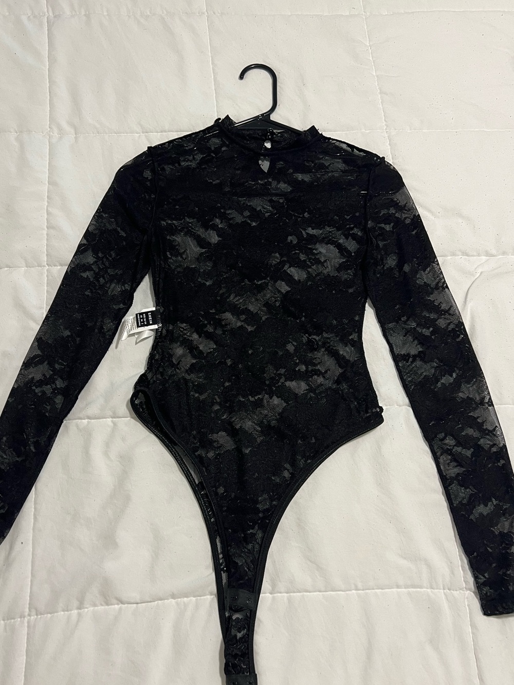 SHEIN Black Lace Long Sleeve Sheer Bodysuit